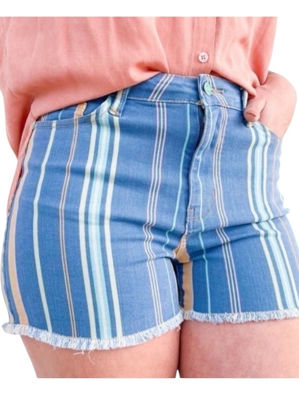 Judy Blue Striped High Rise Frayed Denim Shorts NWT